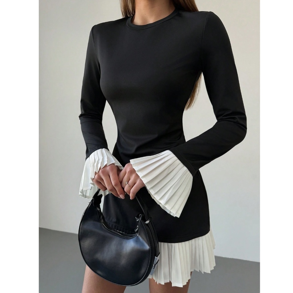 Short Black Dress White Skirt Cuff Pleated Trim Long Sleeve - Picture 6 of 10